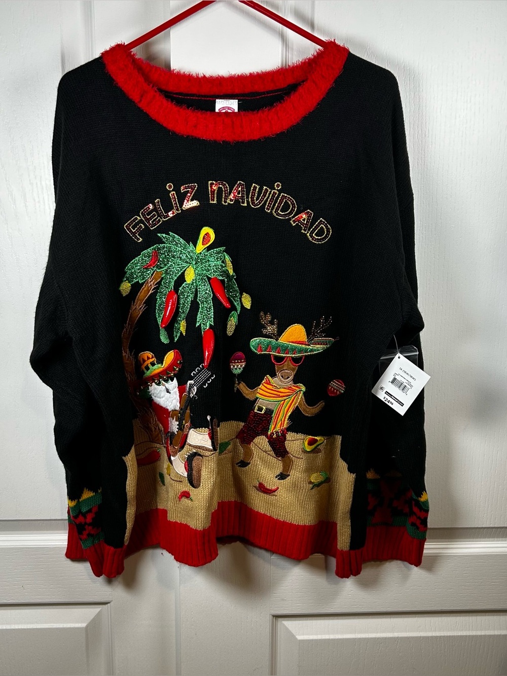 UGLY CHRISTMAS SWEATER FELIZ NAVIDAD WOMENS Black 1X Holiday Time Christmas NWT